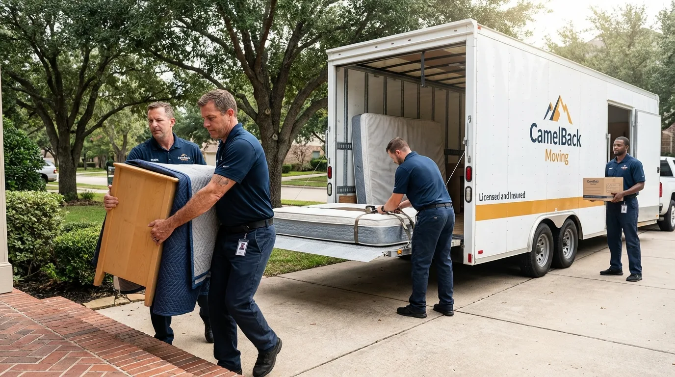 Crew loading residential truck for cross-state move from Miami, OK