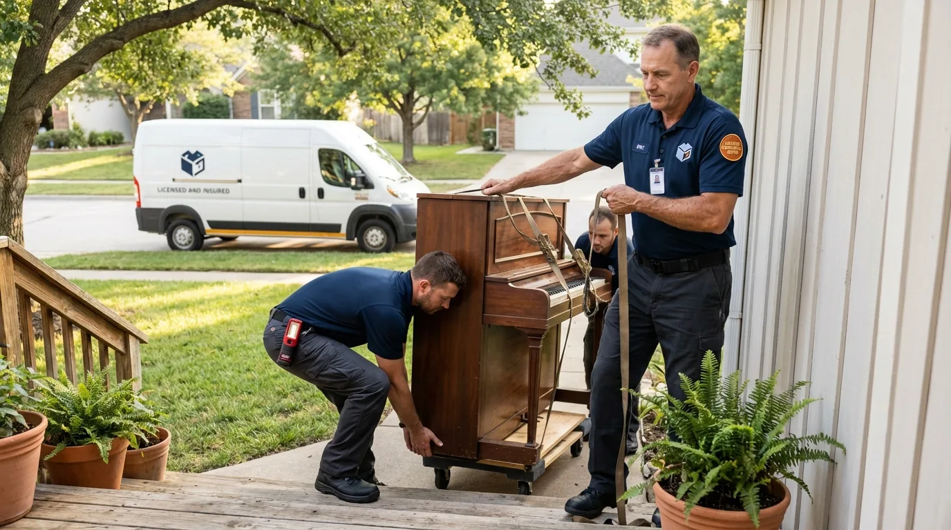 Licensed piano movers securing grand piano in Miami, OK